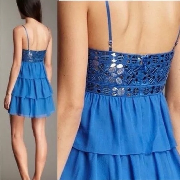 BCBG Maxazria Light Blue Silk Chiffon Sequin Pleated Cocktail Dress | Size 0 - Picture 2 of 12